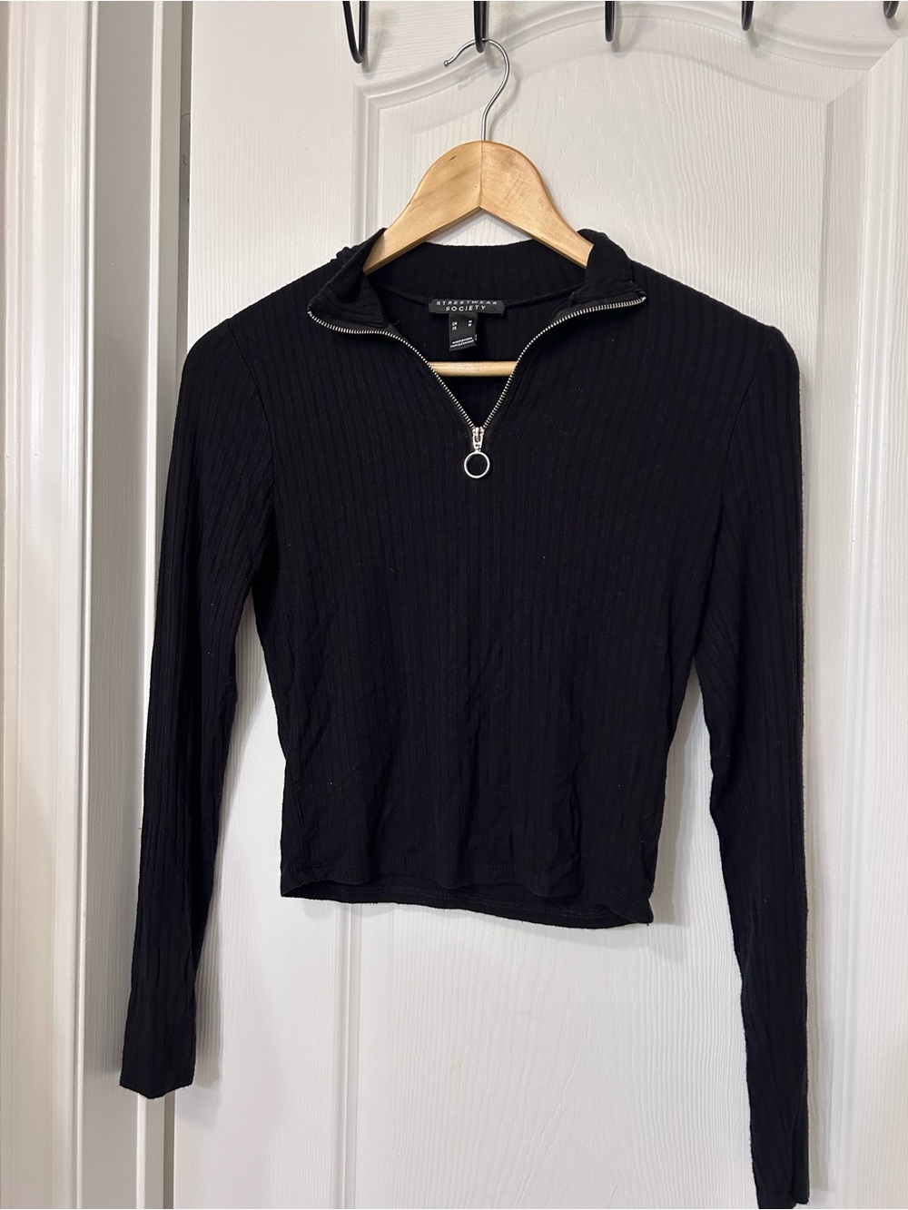 Streetwear Society Black Ribbed Quarter-Zip Long Sleeve Top with Ring Pull